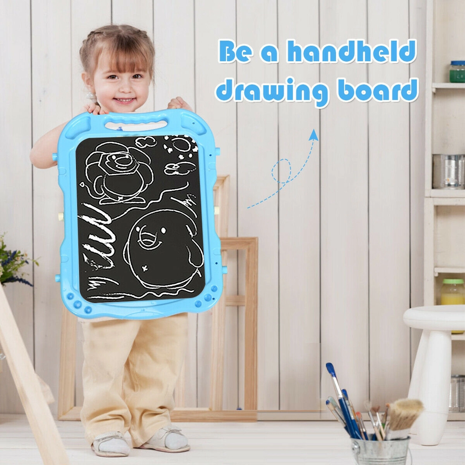 Height Adjustable Kids Easel 360-Degree Rotating Magnetic Double-Sided Board Detachable Panel 2 Leg Lengths Blue