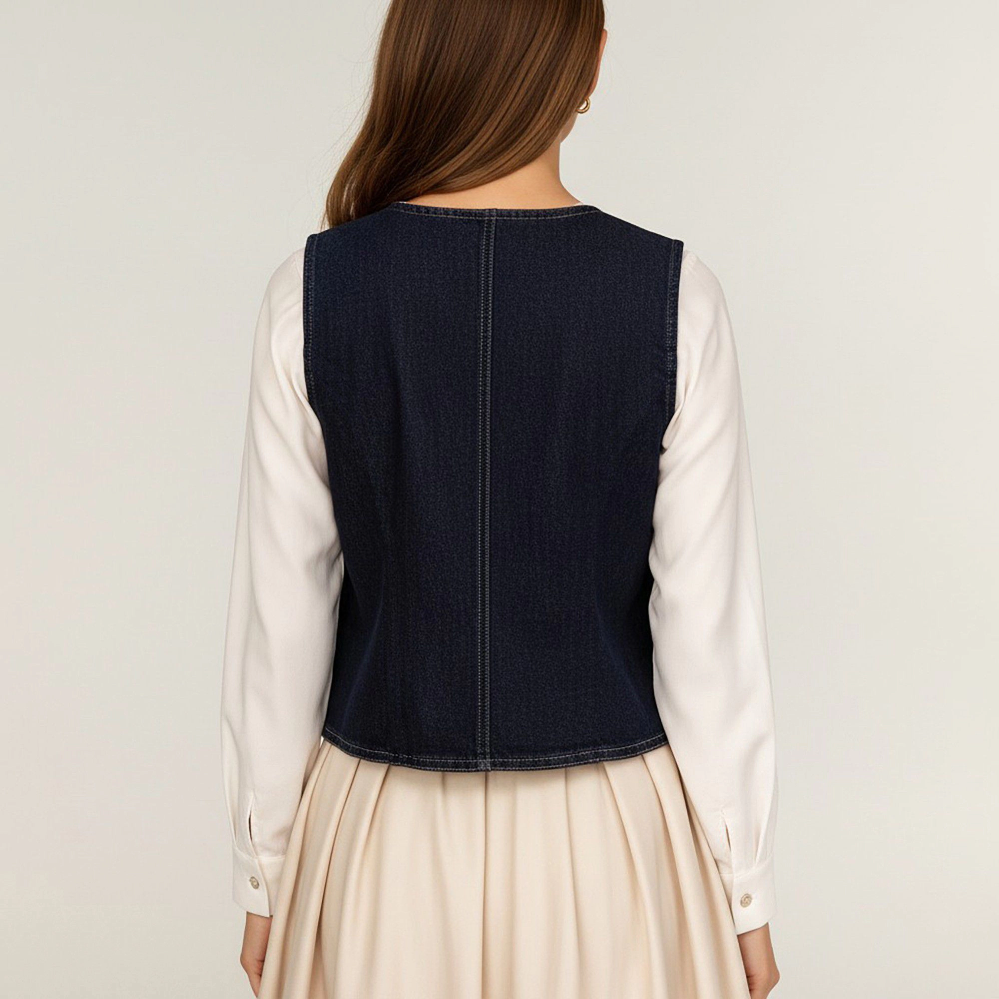 Anna-Kaci Women's Denim Vest with Round Neck Button Front Sleeveless Silhouette and Contrast Stitching