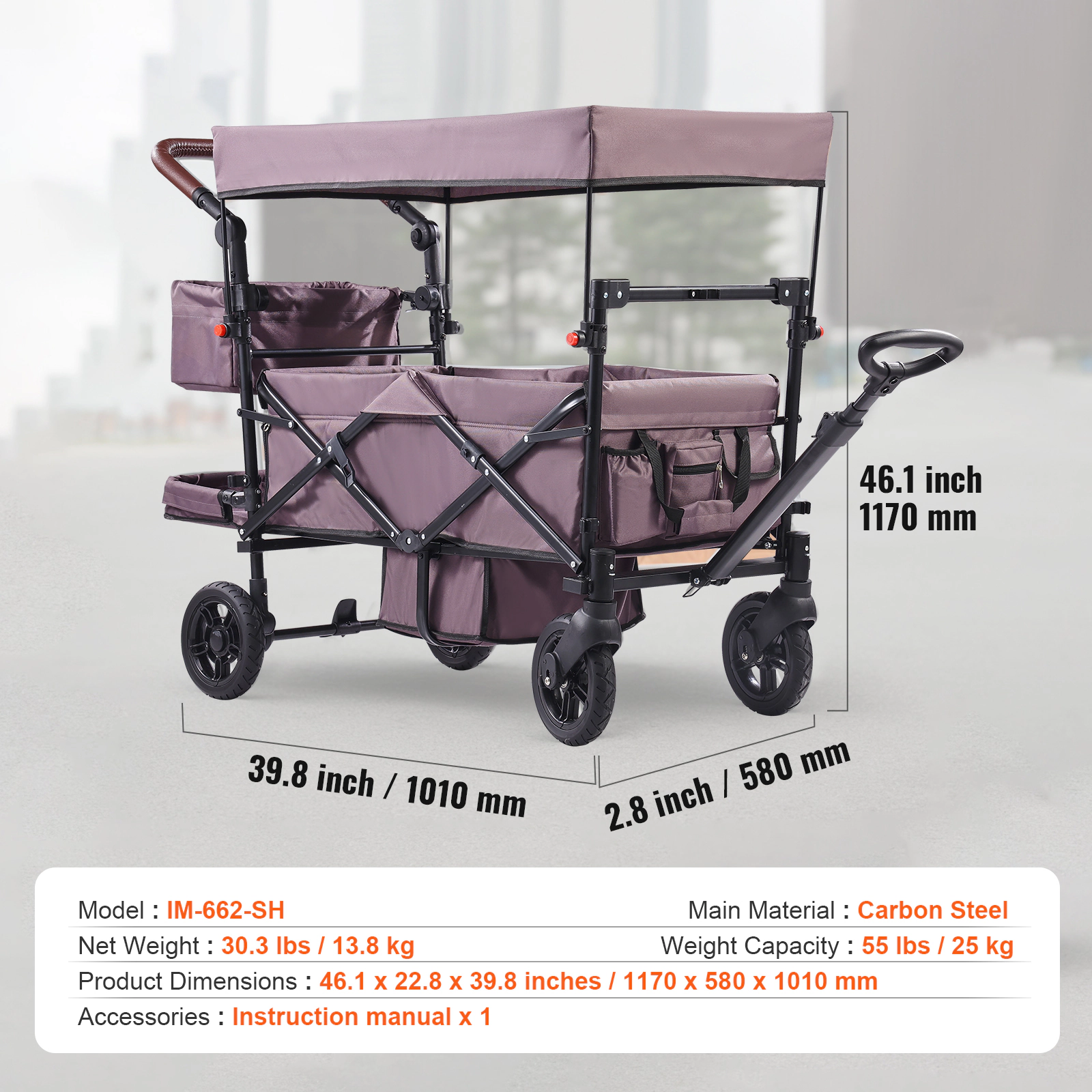 HONGGE Foldable Wagon Stroller for 2 Kids with Removable Canopy, Adjustable Handle & Wheel Brakes, Dark Purple