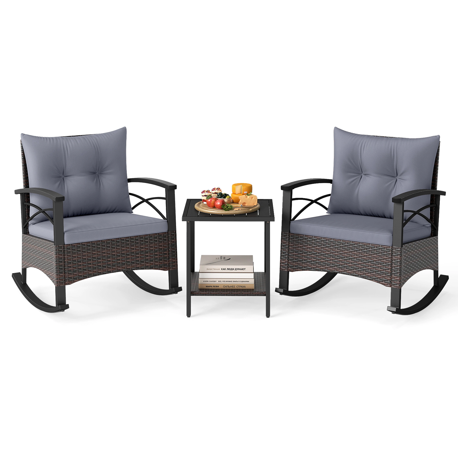 SUGIFT Gray 3-Piece Rattan Rocking Bistro Set with Anti-Rollover Chairs and 2-Tier Acacia Wood Table