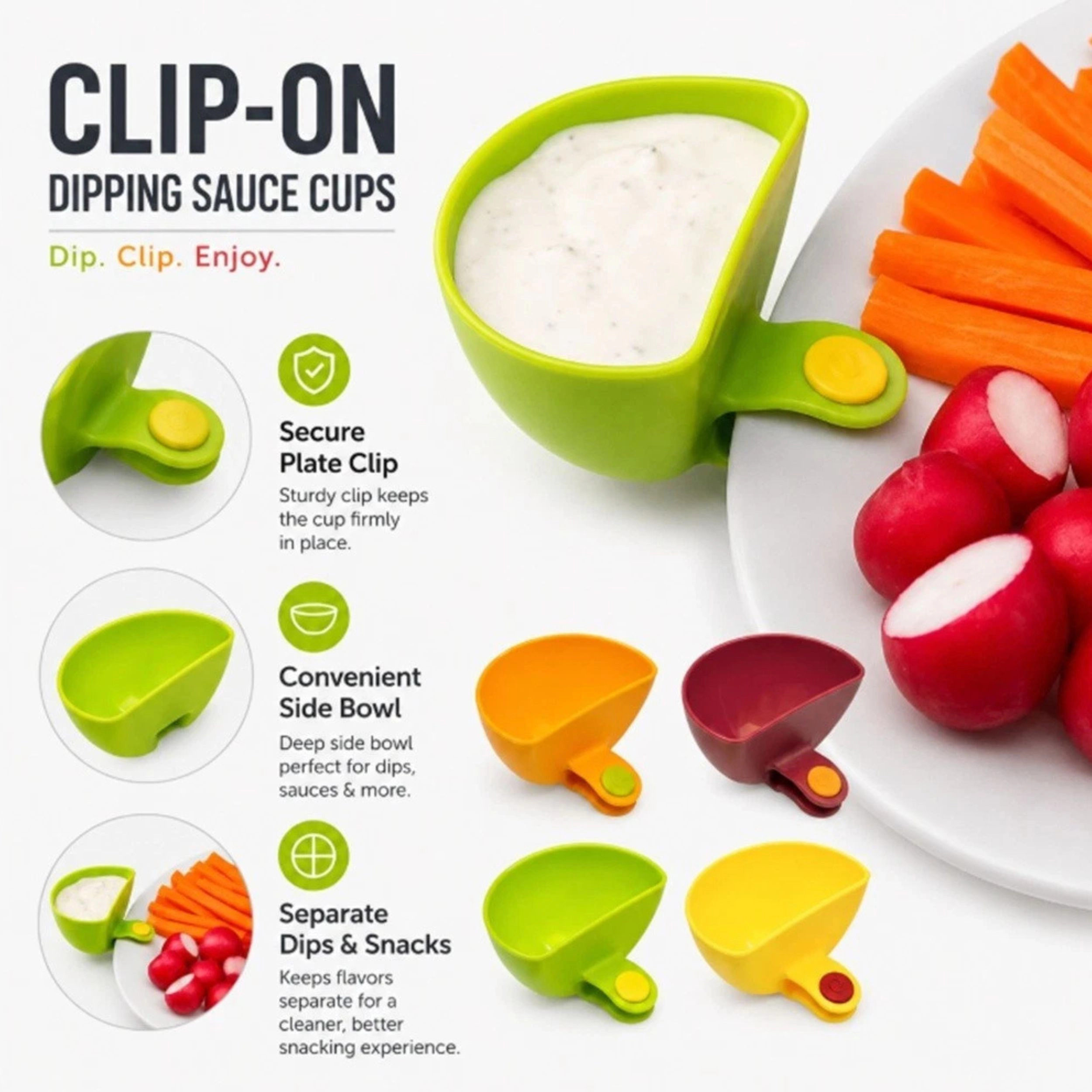 Home Collection Pack of 4 Clip-On Dip Bowls Plate Sauce Holders Snack Serving Set