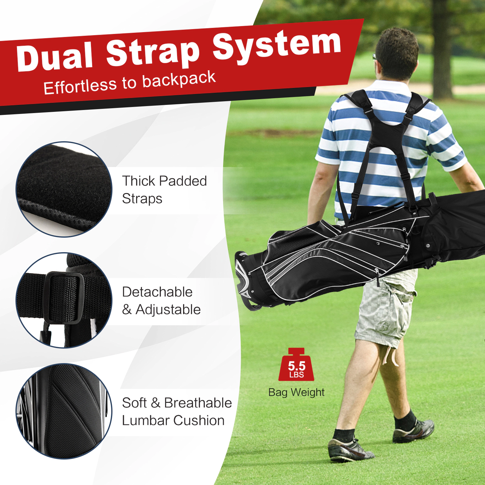 Golf Carry Stand Bag 6-Way Top 8 Pockets Self-Deploying Legs Padded Straps 32.5-in Black Lightweight Golf Bag