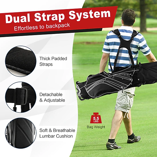 Golf Carry Stand Bag 6-Way Top 8 Pockets Self-Deploying Legs Padded Straps 32.5-in Black Lightweight Golf Bag