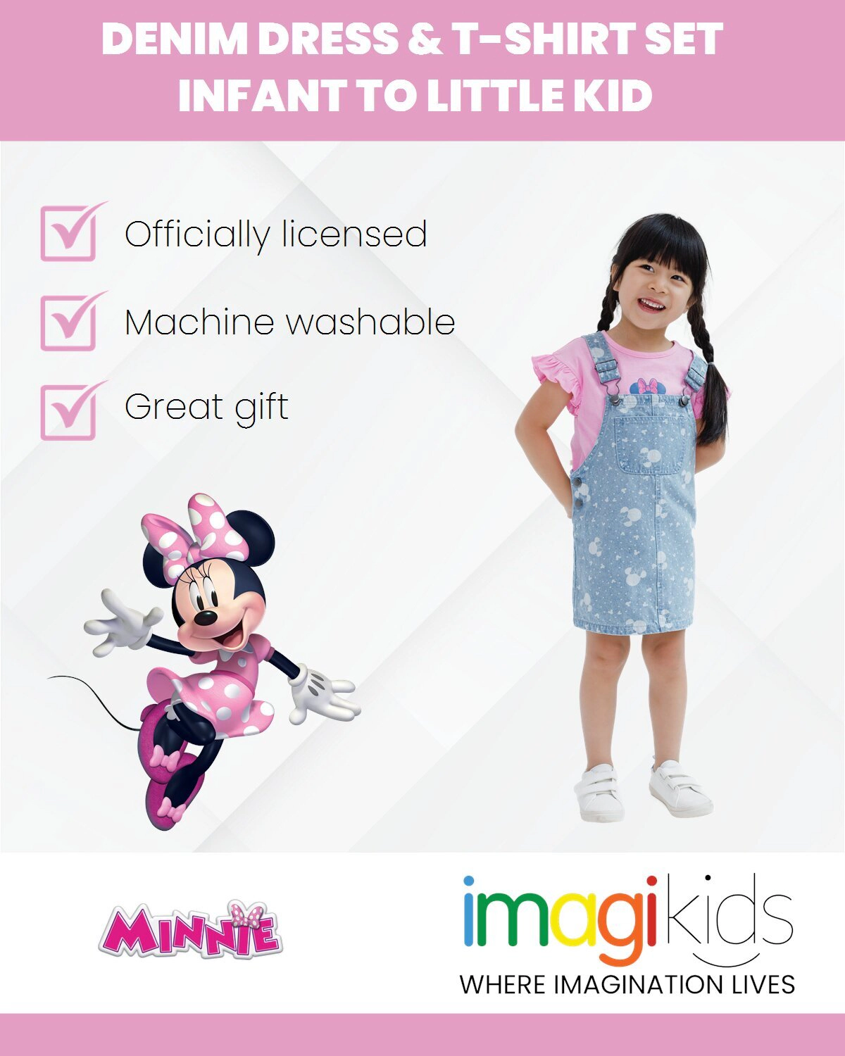 Disney Minnie Mouse Girls' Denim 2-Piece Overall Dress and T-Shirt Set