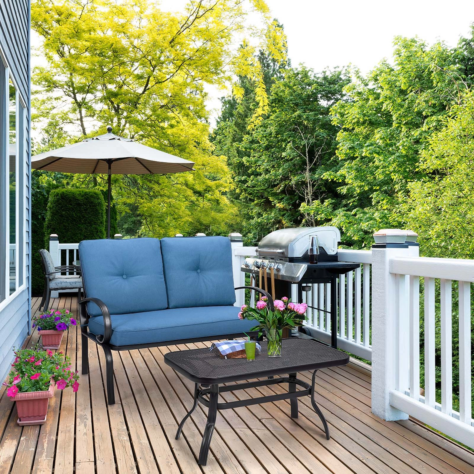 SUGIFT 2-Piece Blue Steel Patio Loveseat Set with 4-Inch Cushions and Coffee Table