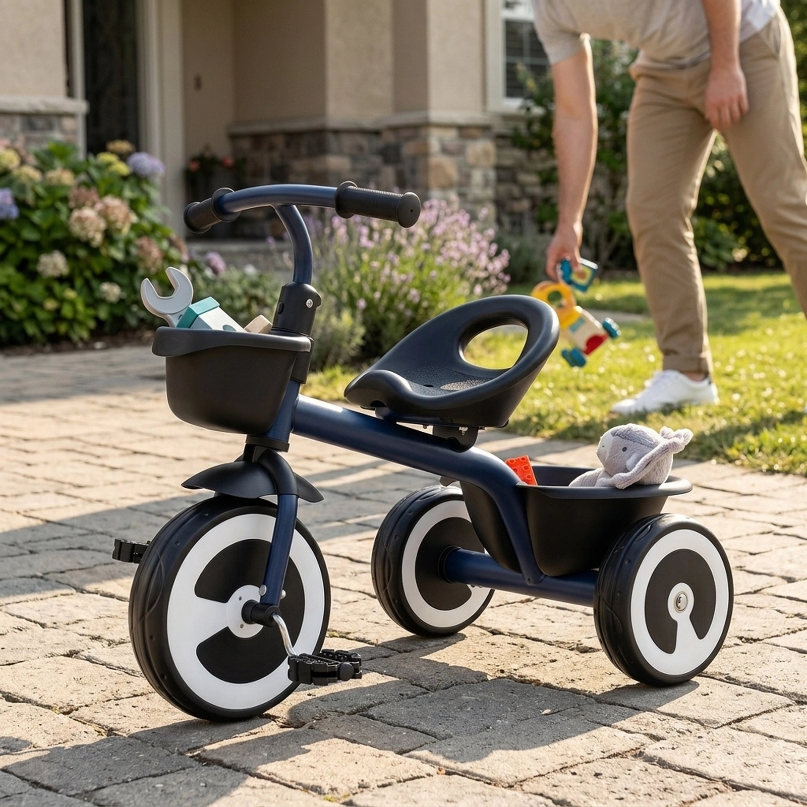 Toddler Trike with Front and Rear Storage Baskets Adjustable Seat and Silent EVA Wheels Ages 1.5-5 Navy Kids Tricycle