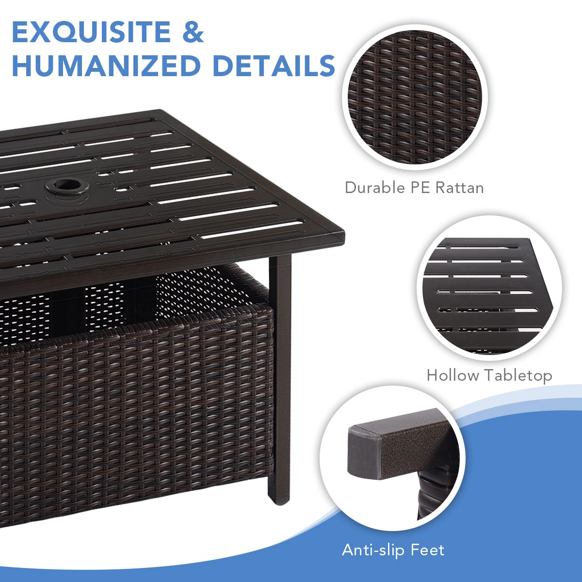 SUGIFT 22 in Square Patio Side Table Brown Rattan Wicker with Steel Frame and Umbrella Hole