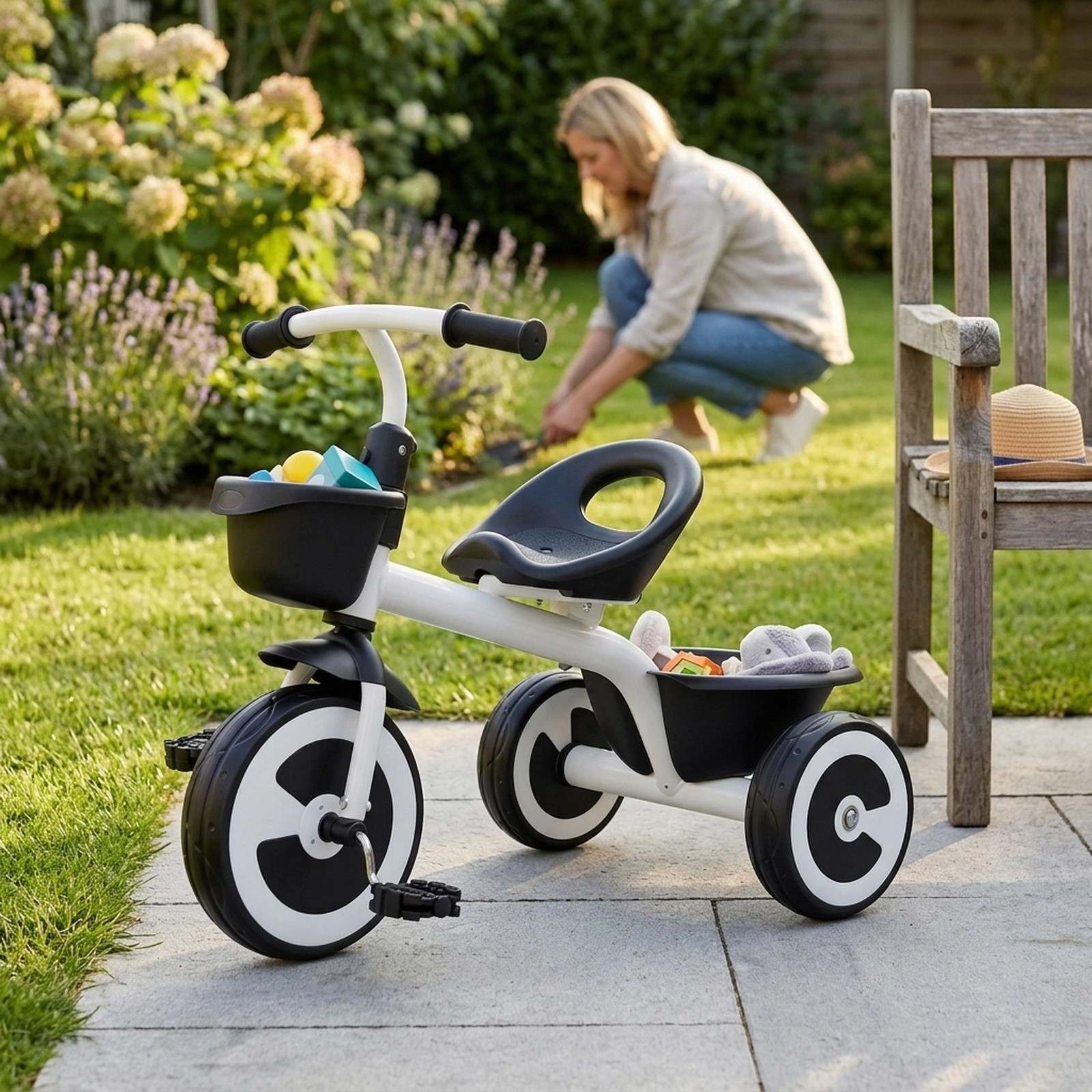 Toddler Tricycle with Front and Rear Baskets 110-Degree Steering Limit and Adjustable Seat for 1.5-5 Years Kids Trike