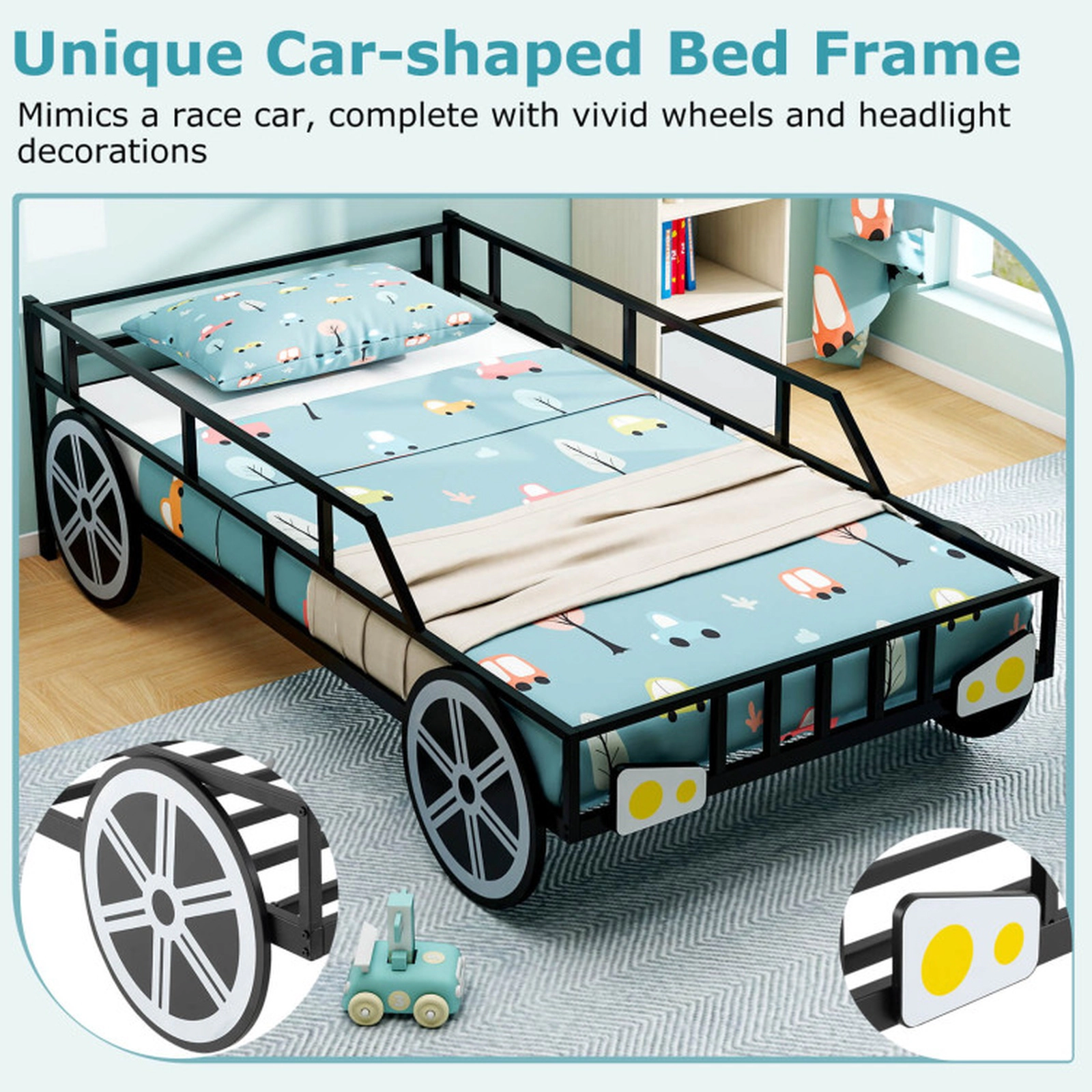 SUGIFT Car-Shaped Kids Metal Toddler Bed Frame Twin-Size 12-in Guardrails 485-lb Capacity 77-in Length 2-Piece Set Black