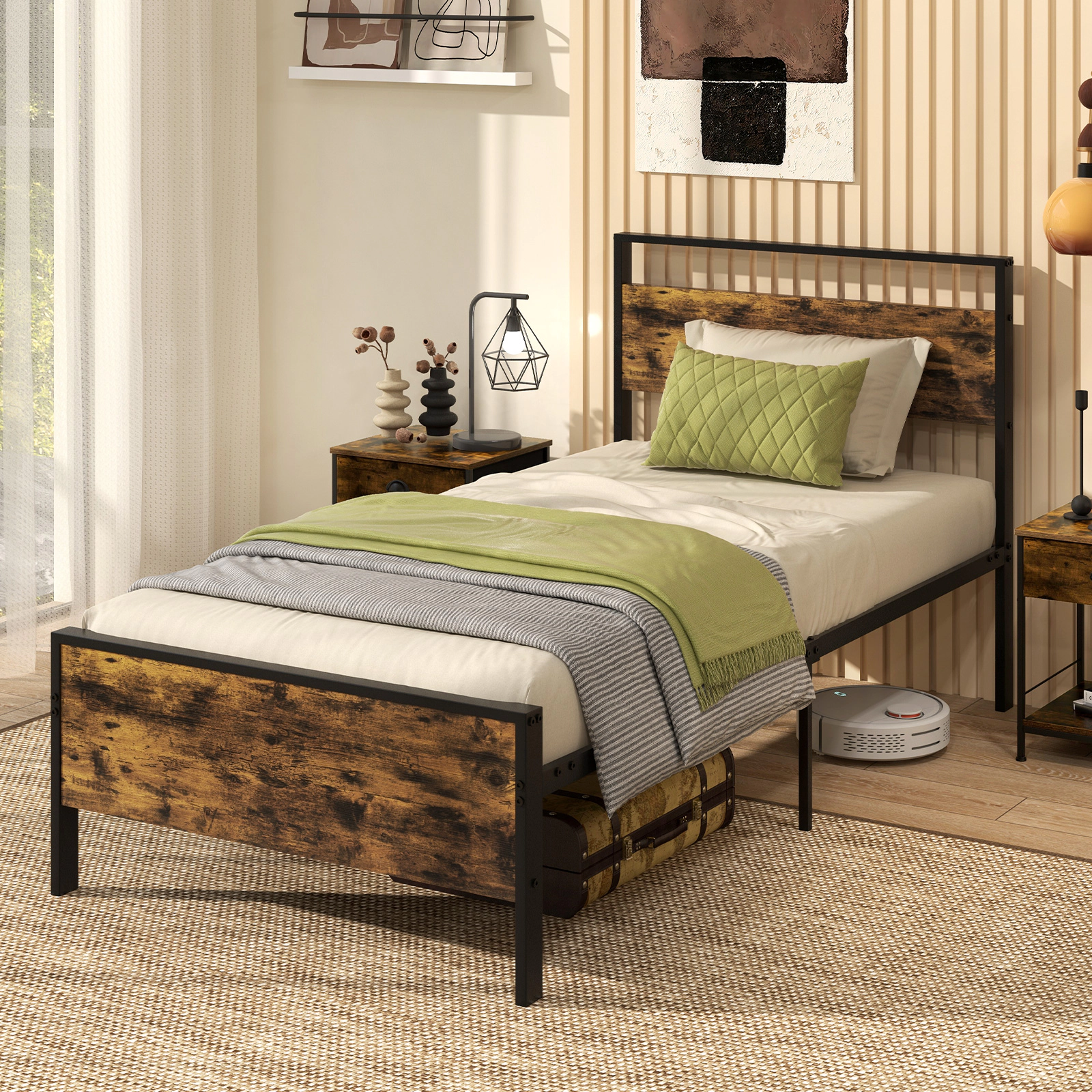 SUGIFT Twin Industrial Metal Platform Bed, Rustic Brown Wood Panels, 480-lb Capacity