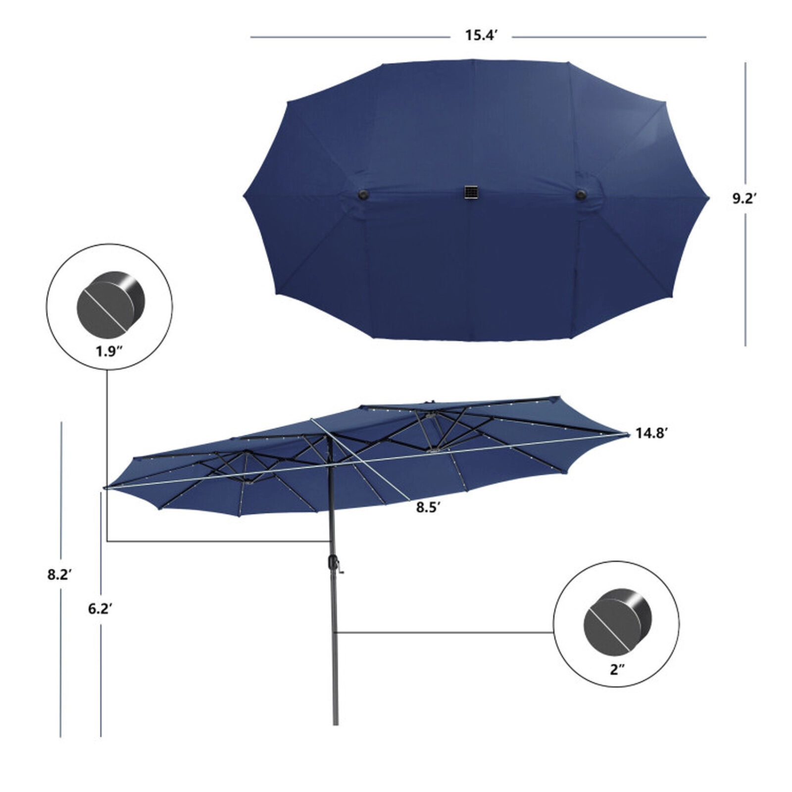 SUGIFT 15.4-ft Double-Side Twin Patio Umbrella 48 Solar LED Lights 26-lb Net Weight Steel Polyester Fabric Canopy Navy