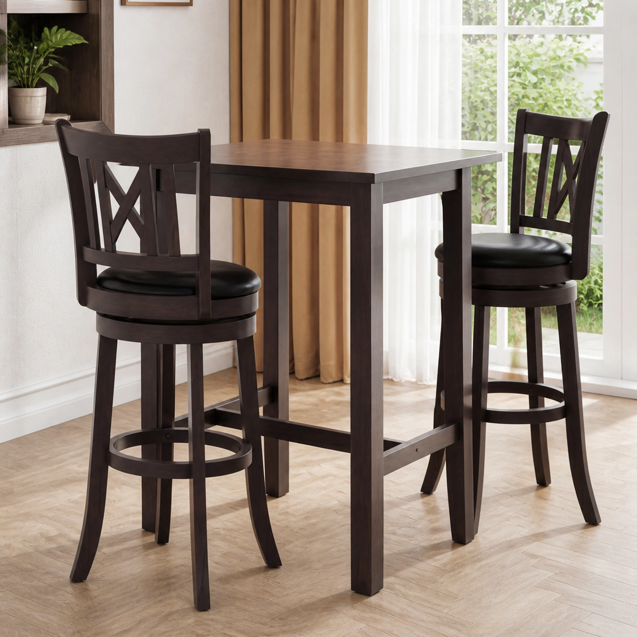 SUGIFT Set of 2 30-in Dark Chocolate Swivel Bar Stools, Hollow Back and Footrest