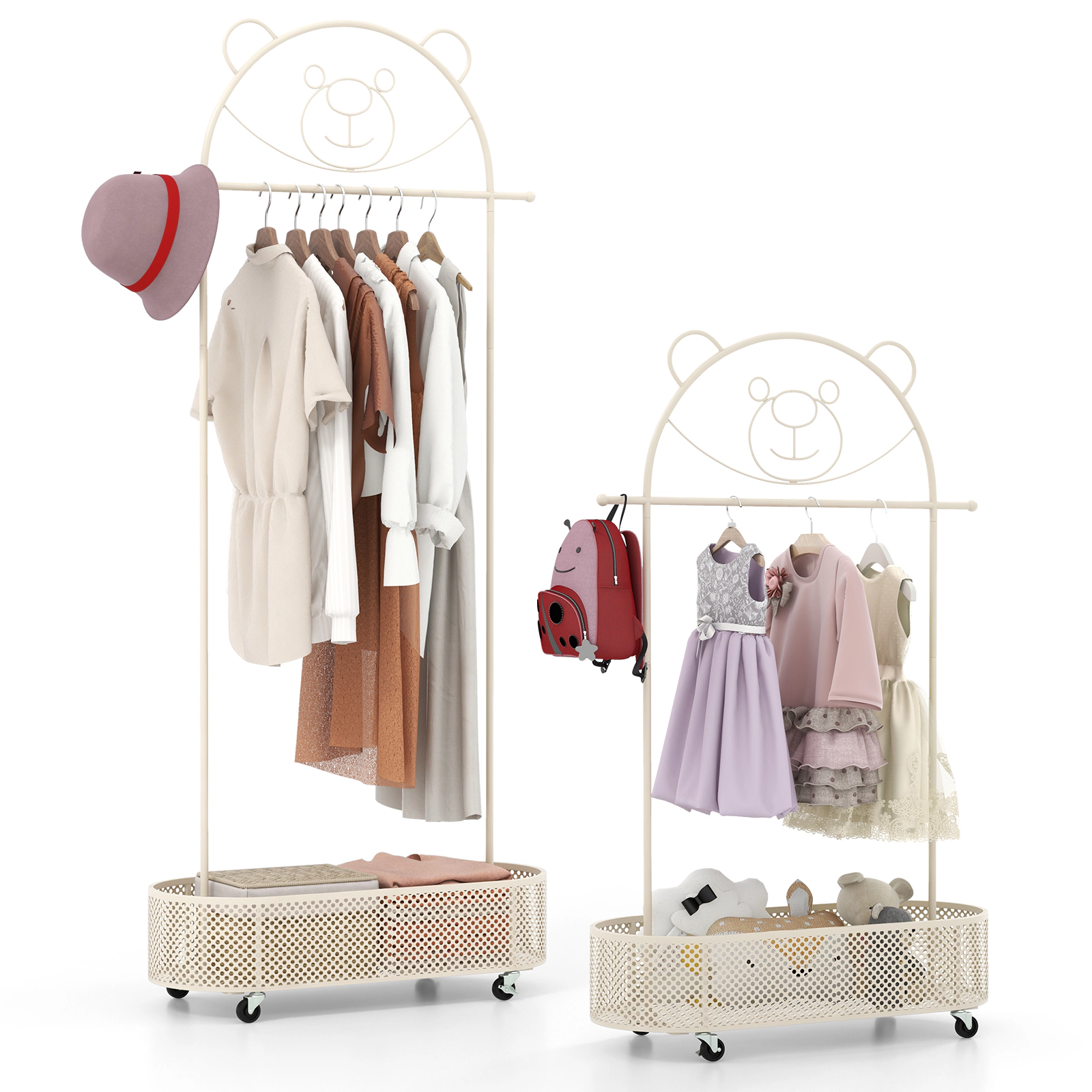 SUGIFT 3-Height Adjustable Metal Kid Clothes Rack with Basket and Wheels 72-in Tall White