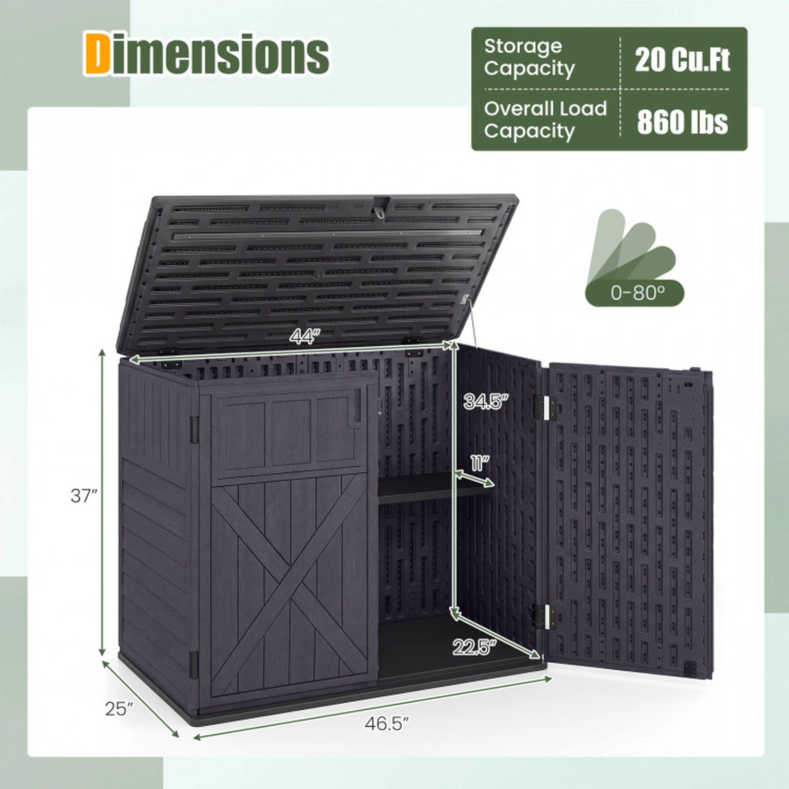 SUGIFT 20 Cu.Ft Horizontal Resin Storage Shed with Adjustable Shelf 860-lb Overall Capacity 46.5-in Wide Brown
