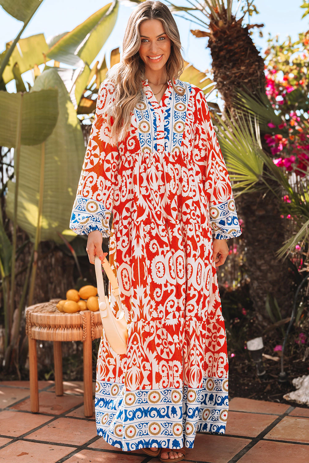 Threaded Pear Women's Lenora Boho Geometric Printed Long Sleeve Maxi Dress