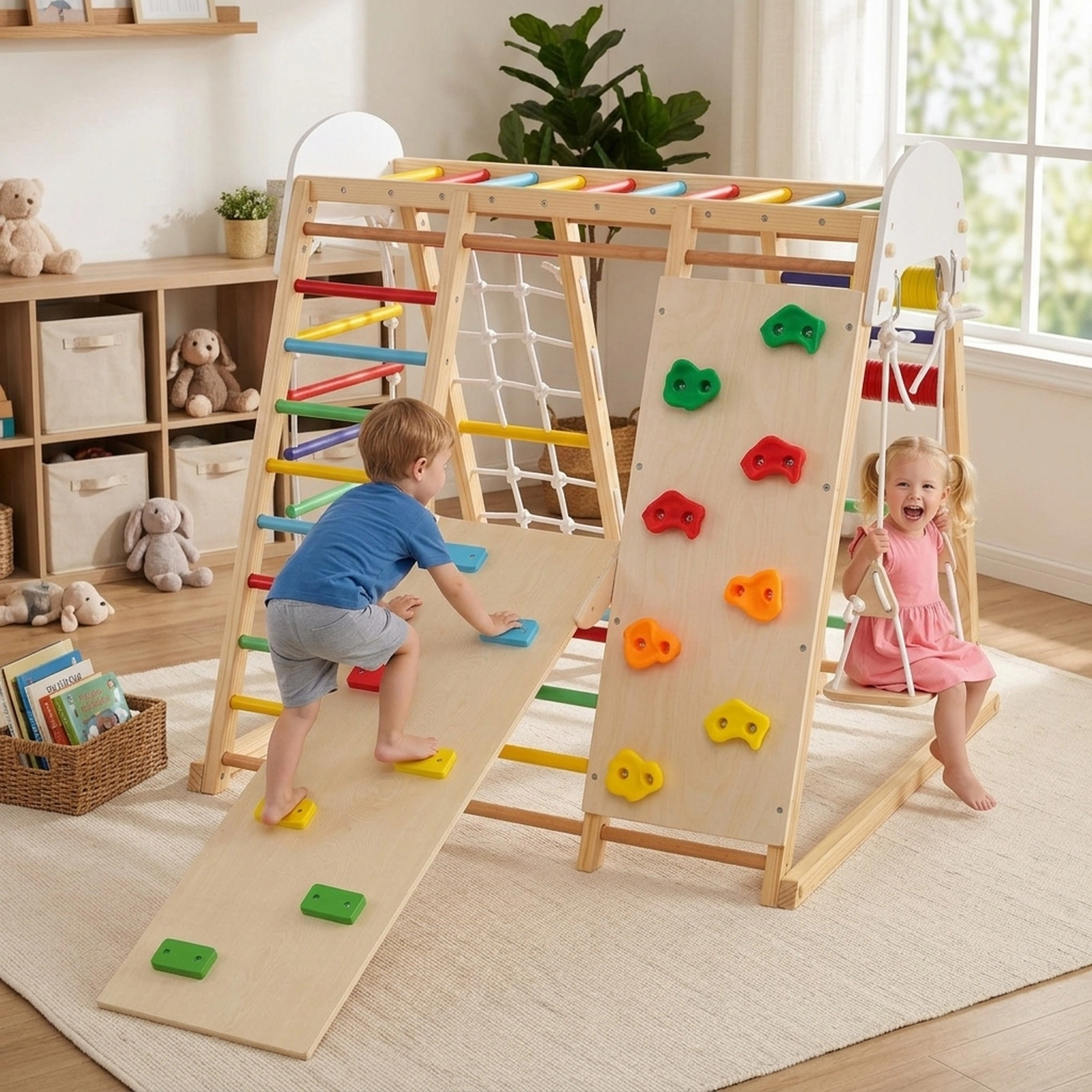 8-in-1 Foldable Indoor Jungle Gym Swing Monkey Bars Climbing Ramp and Abacus Panel 66-lb Per Part Ages 3+ Colorful