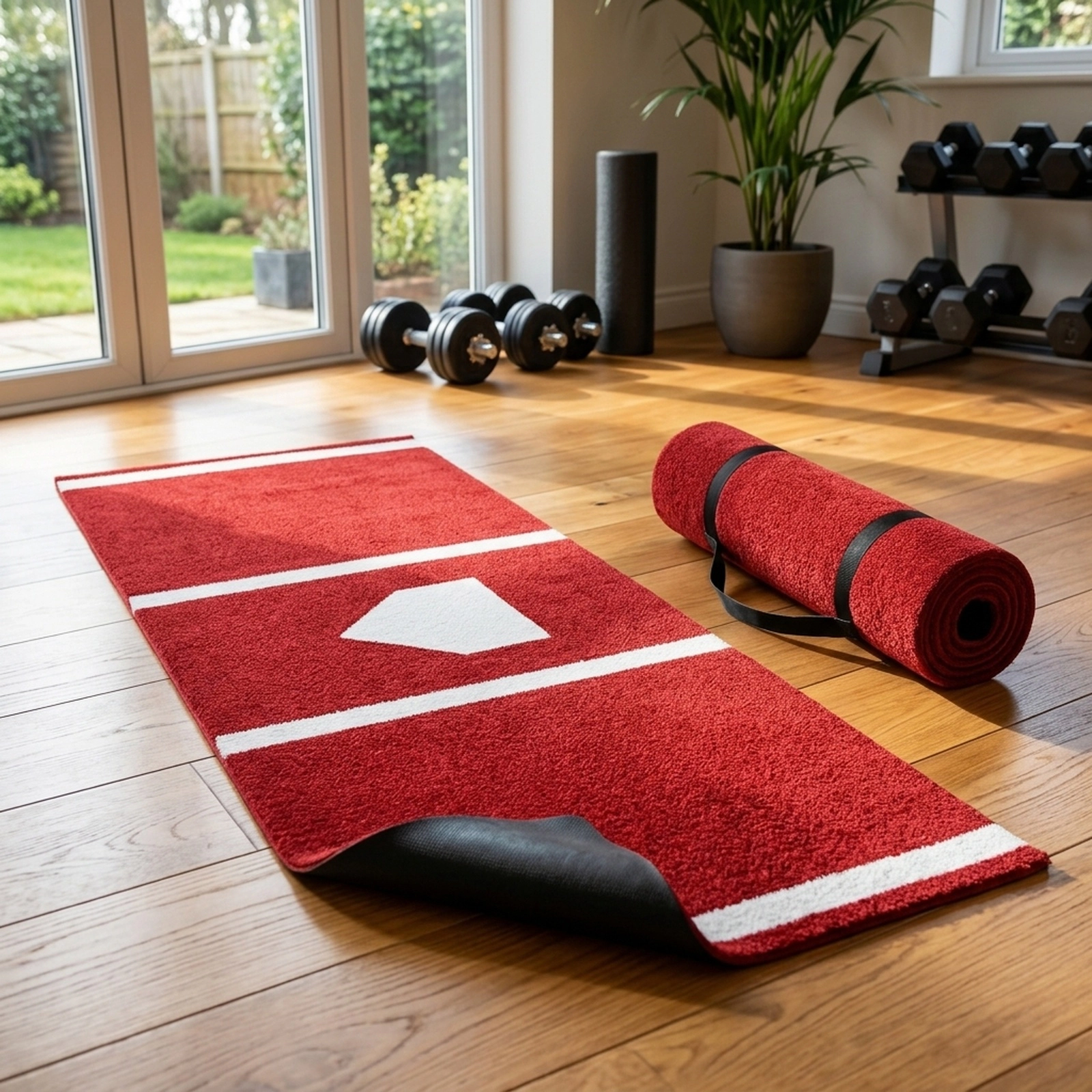 10-ft x 3.8-ft Softball and Baseball Turf Batters Box Mat Plate Outline Dual-Sided Layout Tote Strap Red Hitting Mat