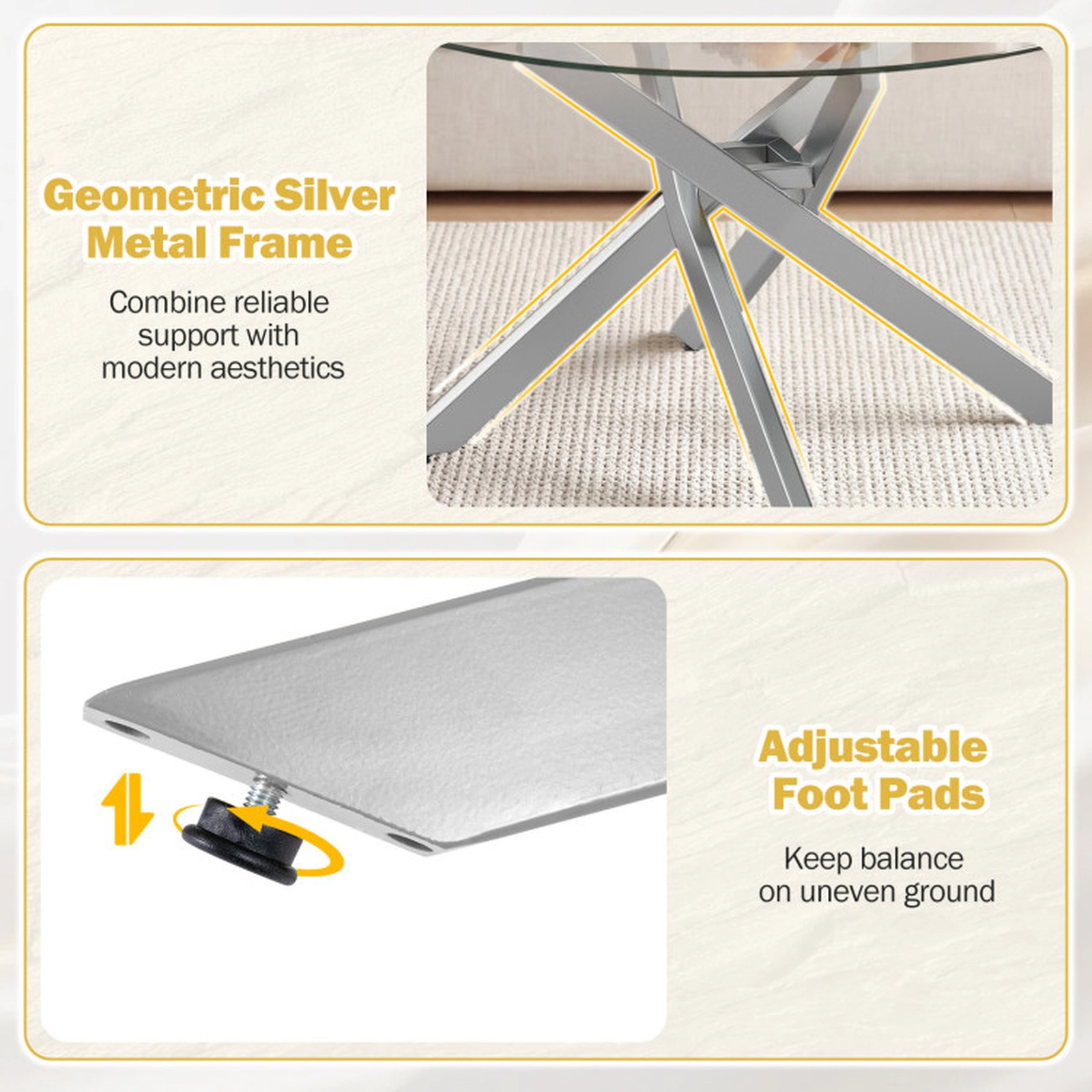 SUGIFT Round Tempered Glass Coffee Table 110-lb Capacity Transparent & Gold or Transparent & Silver
