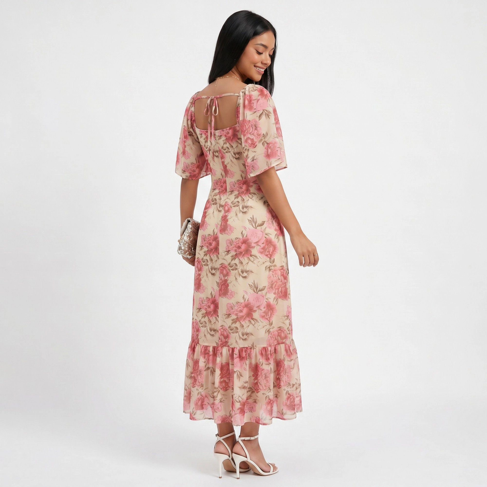 Anna-Kaci Women's Floral Square Neck Flutter Sleeve Ruffle Hem Midi Dress