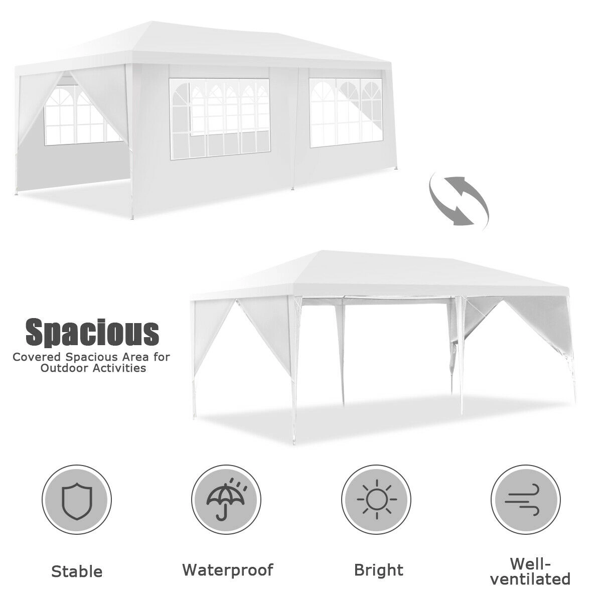 SUGIFT 231.5 x 116 x 101-in Outdoor Gazebo Canopy Tent with 6 Sidewalls Zippered Doors Stakes and Carry Bag White
