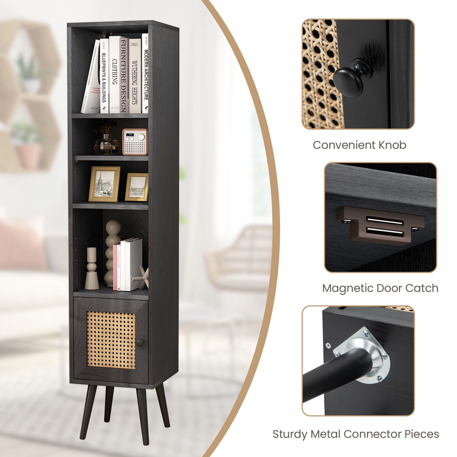 SUGIFT Slim 4-Tier Rattan Door Bookcase Storage Cabinet 200-lb Capacity Black