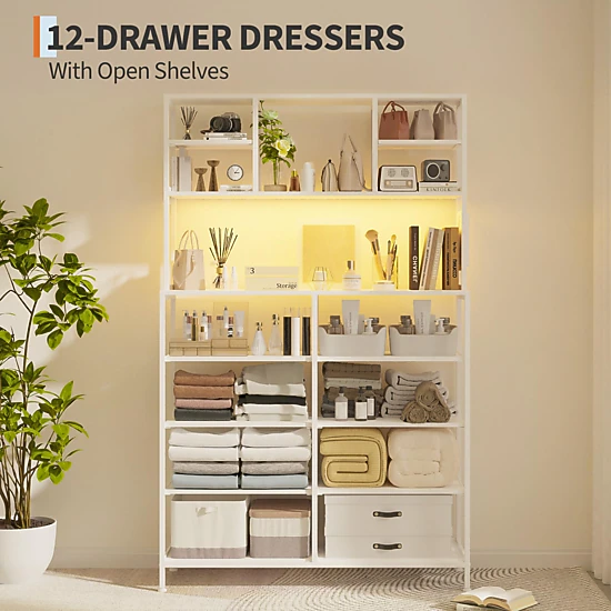 12 Drawer Fabric Dresser with LED Lights, Power Outlet & Open Shelves, Wood Top Metal Frame