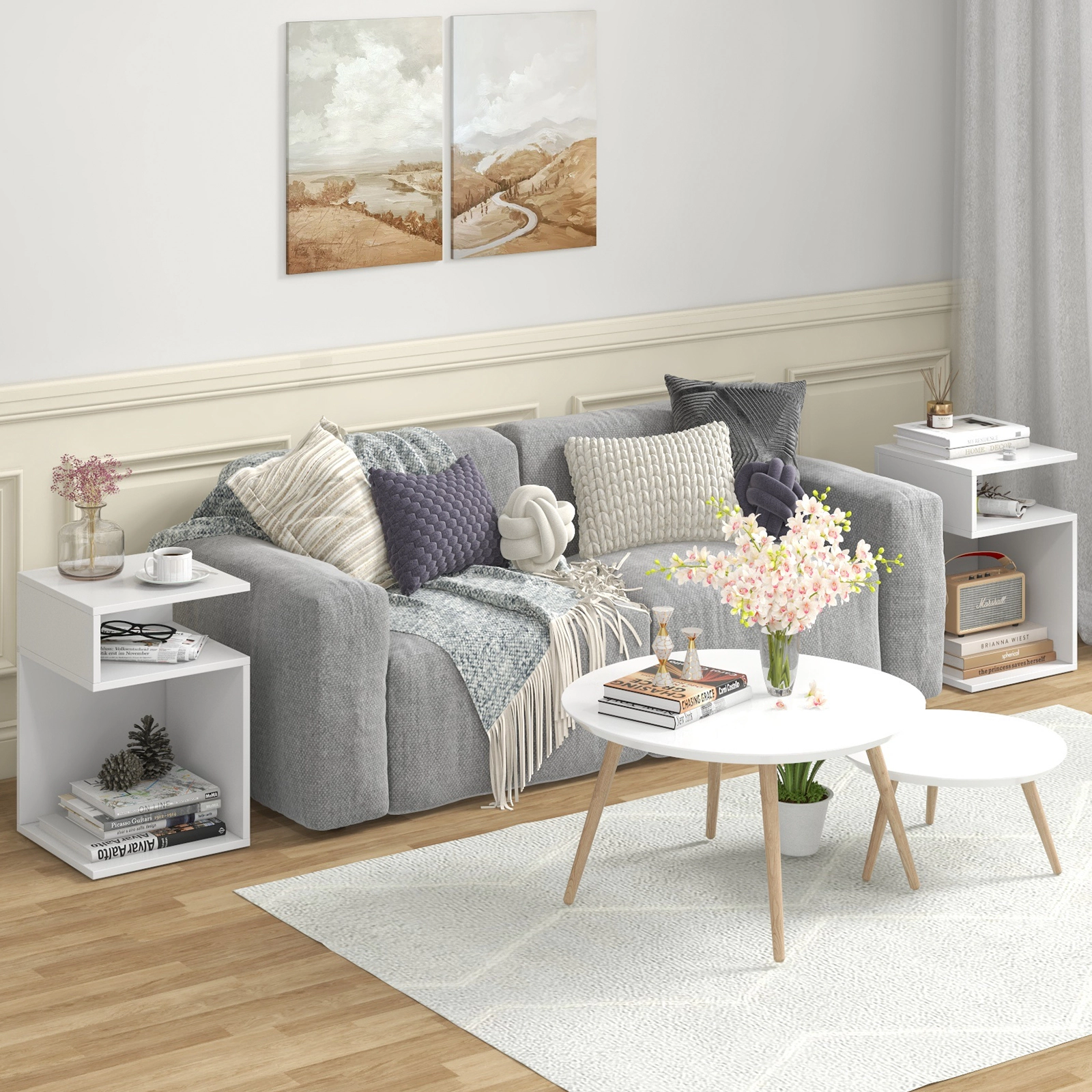 SUGIFT S-Shaped Engineered Wood Side Table with 2 Open Compartments 66-lb Tabletop Capacity White