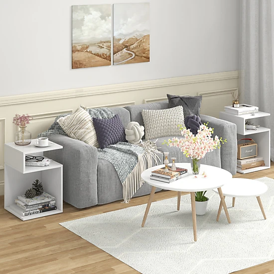 SUGIFT S-Shaped Engineered Wood Side Table with 2 Open Compartments 66-lb Tabletop Capacity White