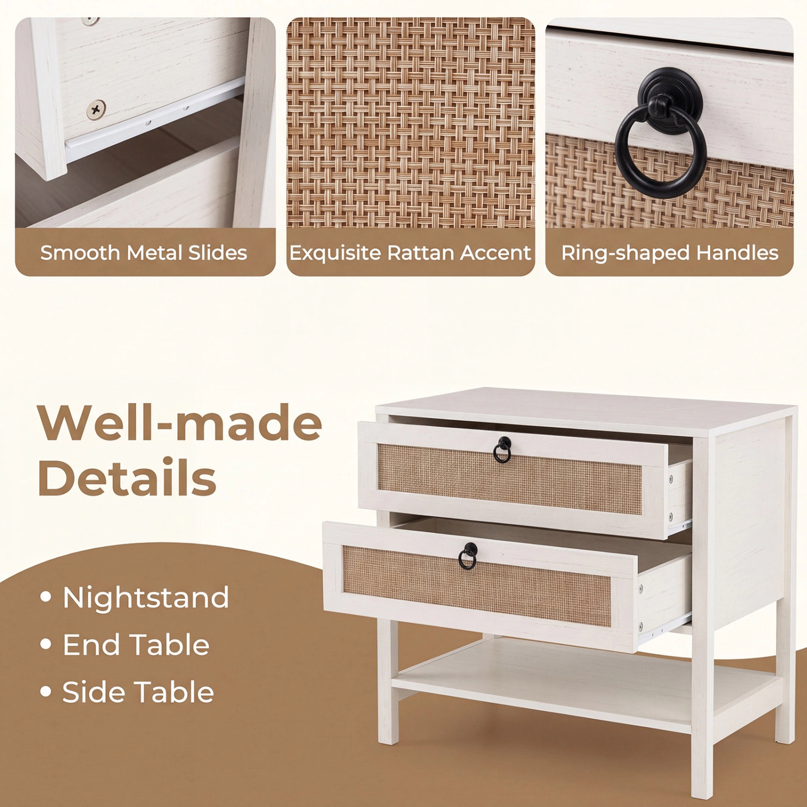 SUGIFT Whitewashed Oak 2 Drawers and Bottom Open Shelf 27 Inch Boho Rattan Nightstand