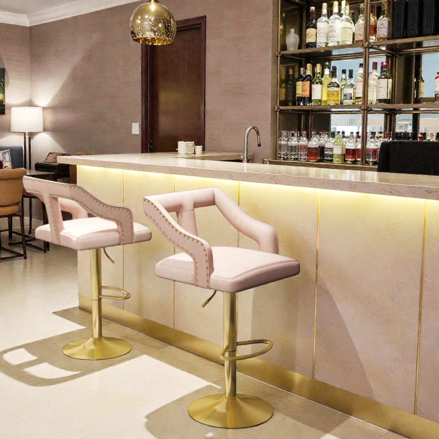 Hivvago Set of 2 Contemporary Bar Stools with Built-In Footrest and Double Electroplated Metal Base