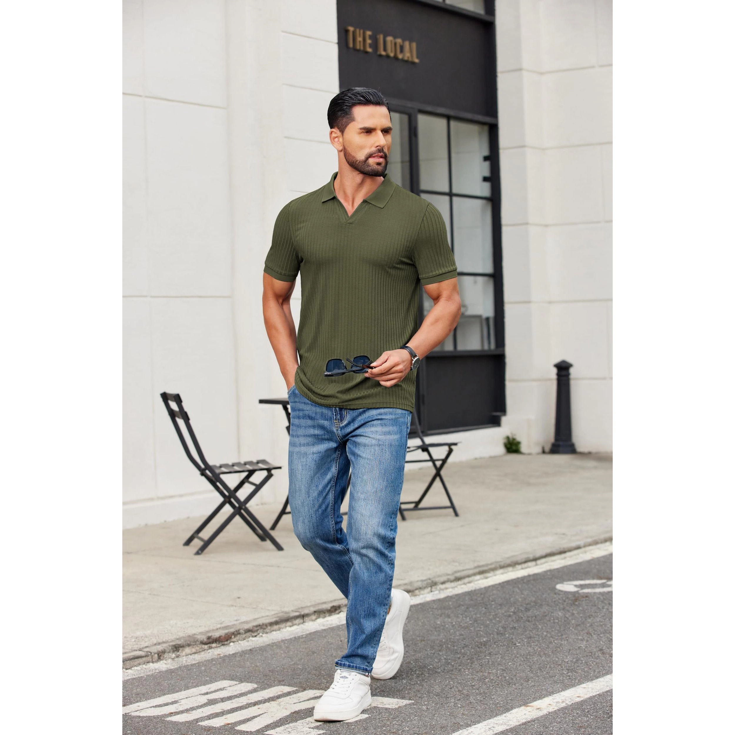 COOFANDY Mens Ribbed Polo Shirt V Neck Collared Short Sleeve Casual  Tops