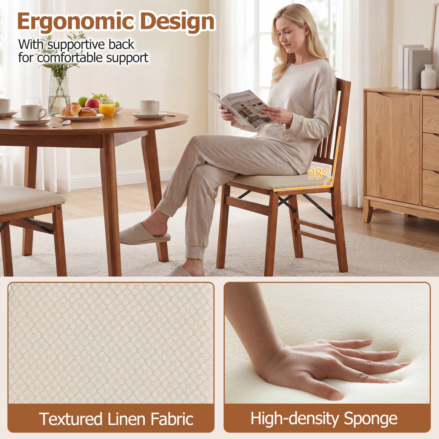 LJG Set of 4 Foldable Upholstered Kitchen Chairs with Padded Seat