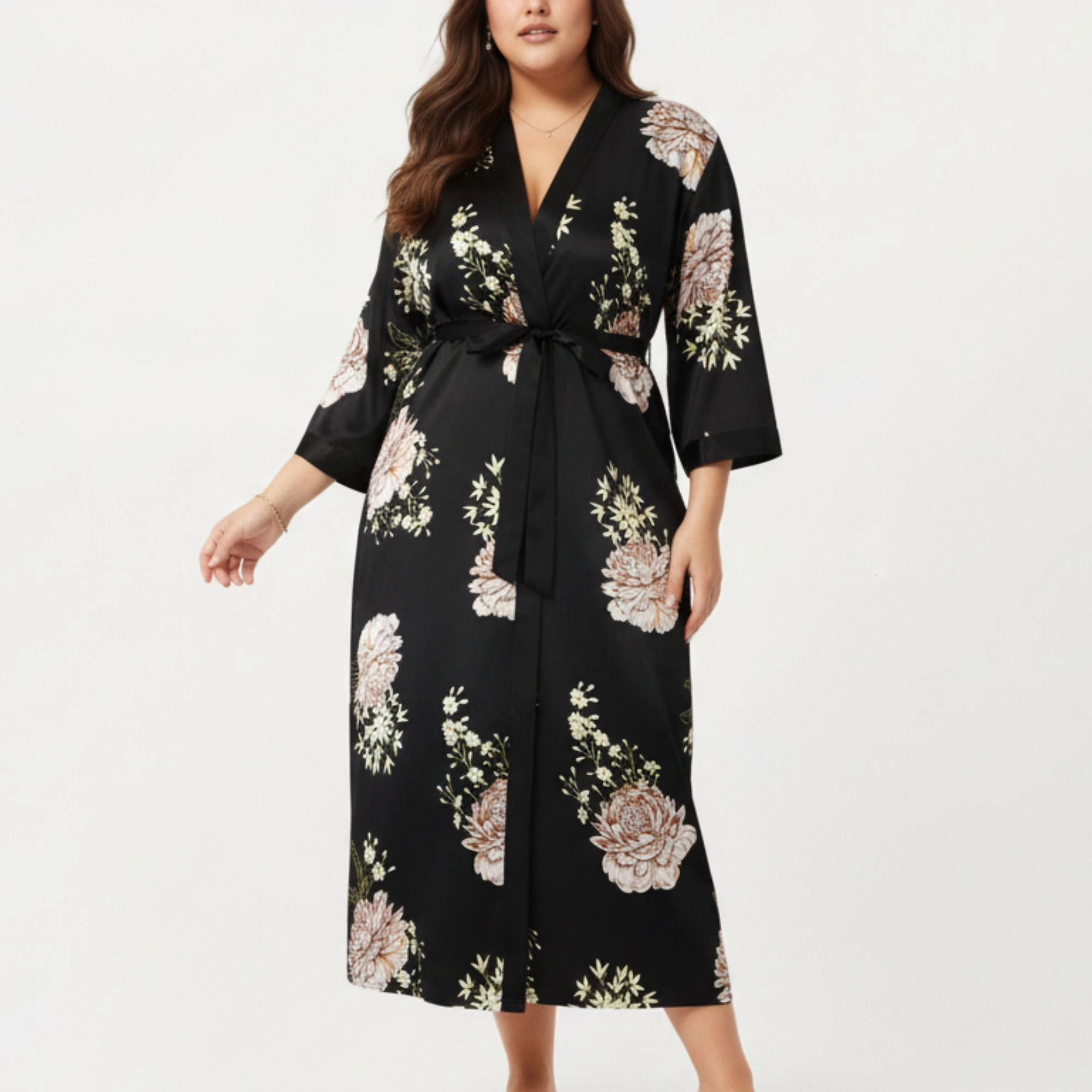 Anna-Kaci Women's Plus Floral Satin Long Robe with Contrast Trim Wrap Front Silhouette and Waist Tie Belt