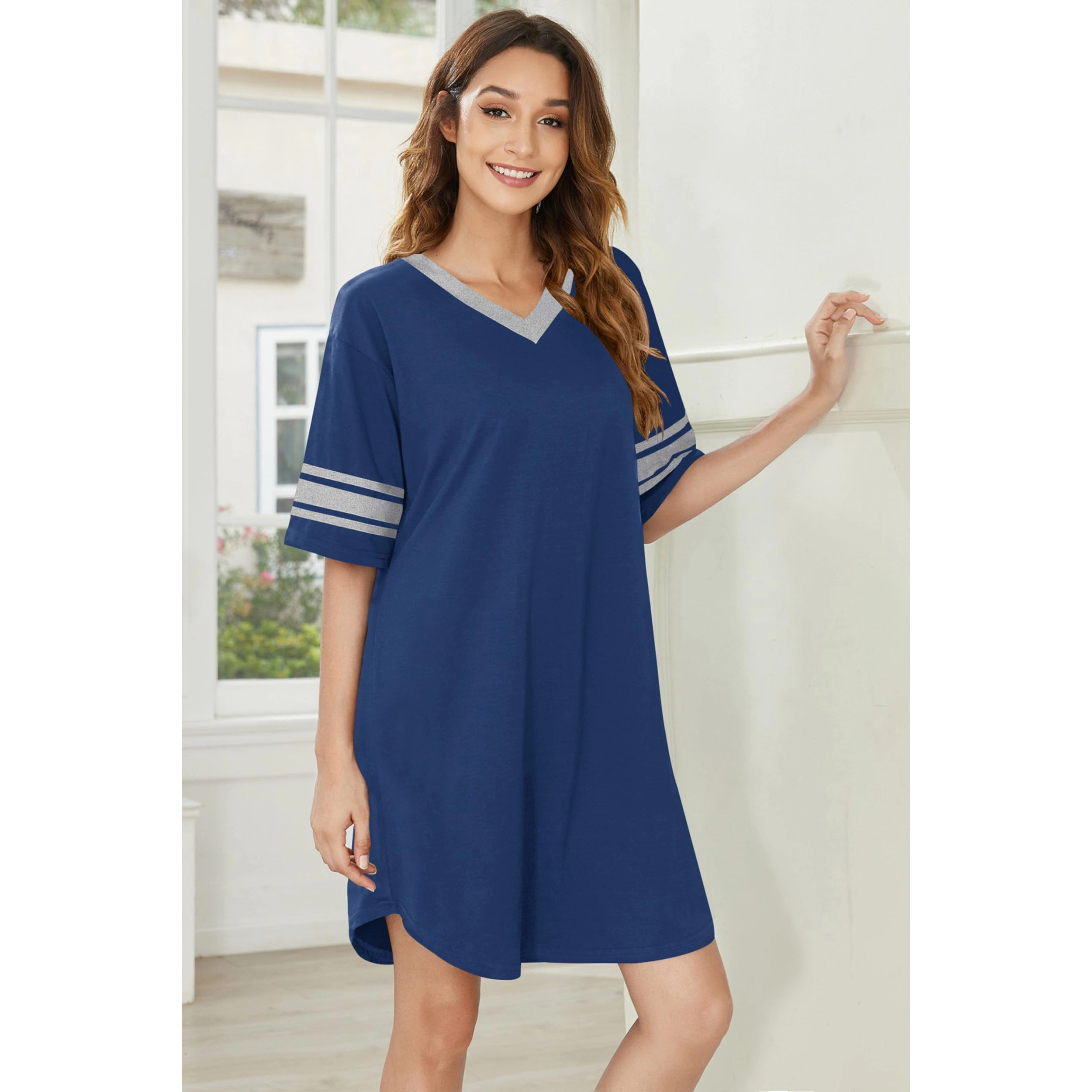Ekouaer Women's V Neck 3/4 Sleeve Stripe Trim Loose T-Shirt Dress