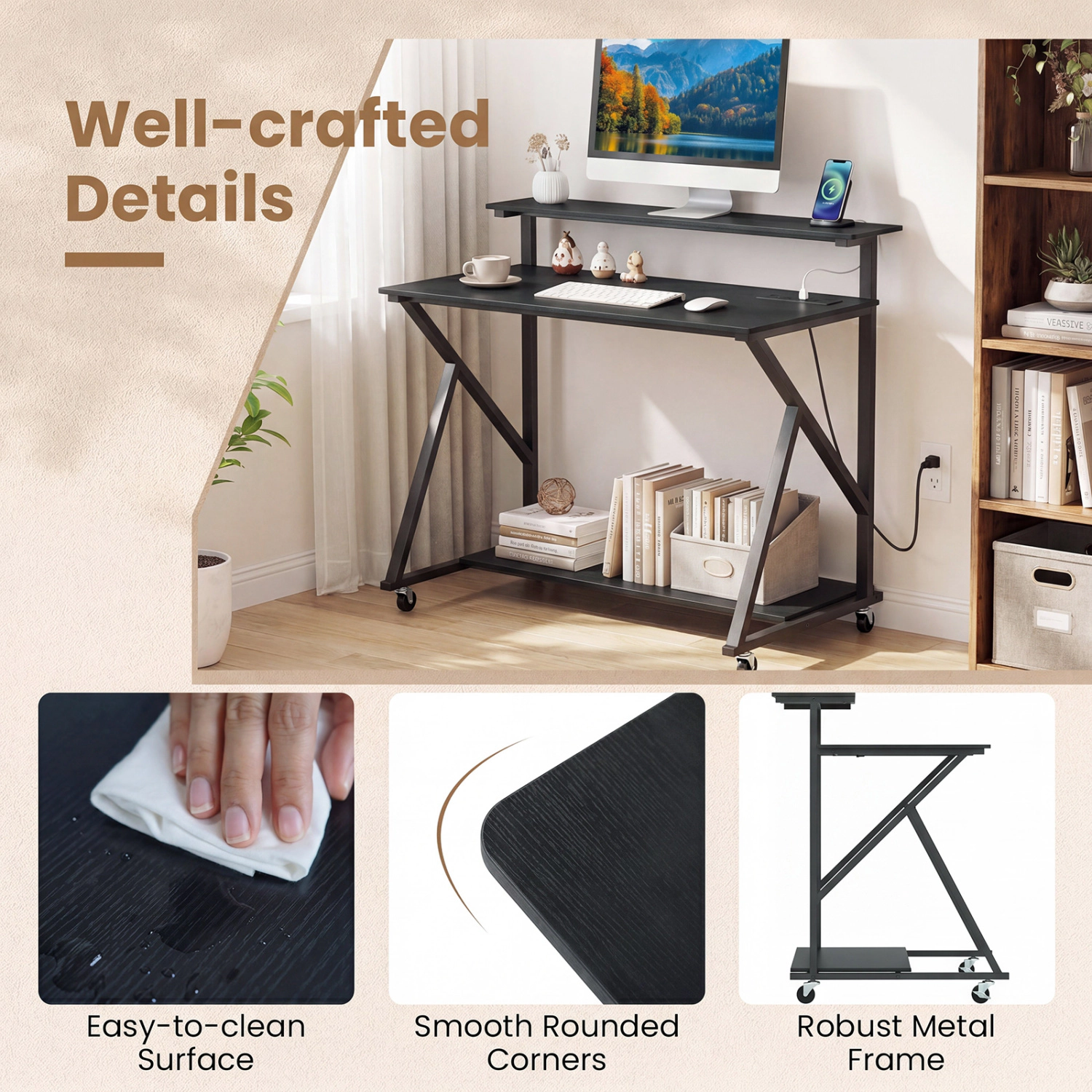 LJG Rolling Computer Desk with Charging Station and Monitor Shelf Storage for Home Office