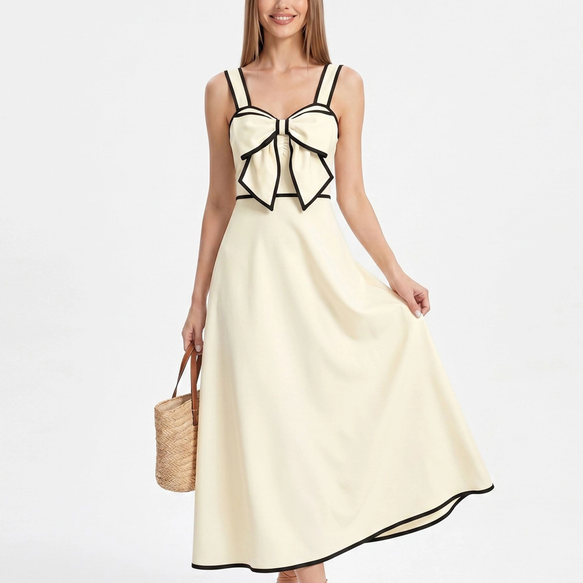 Anna-Kaci Women’s Bow Front Maxi Dress with Contrast Trim and Wide Straps