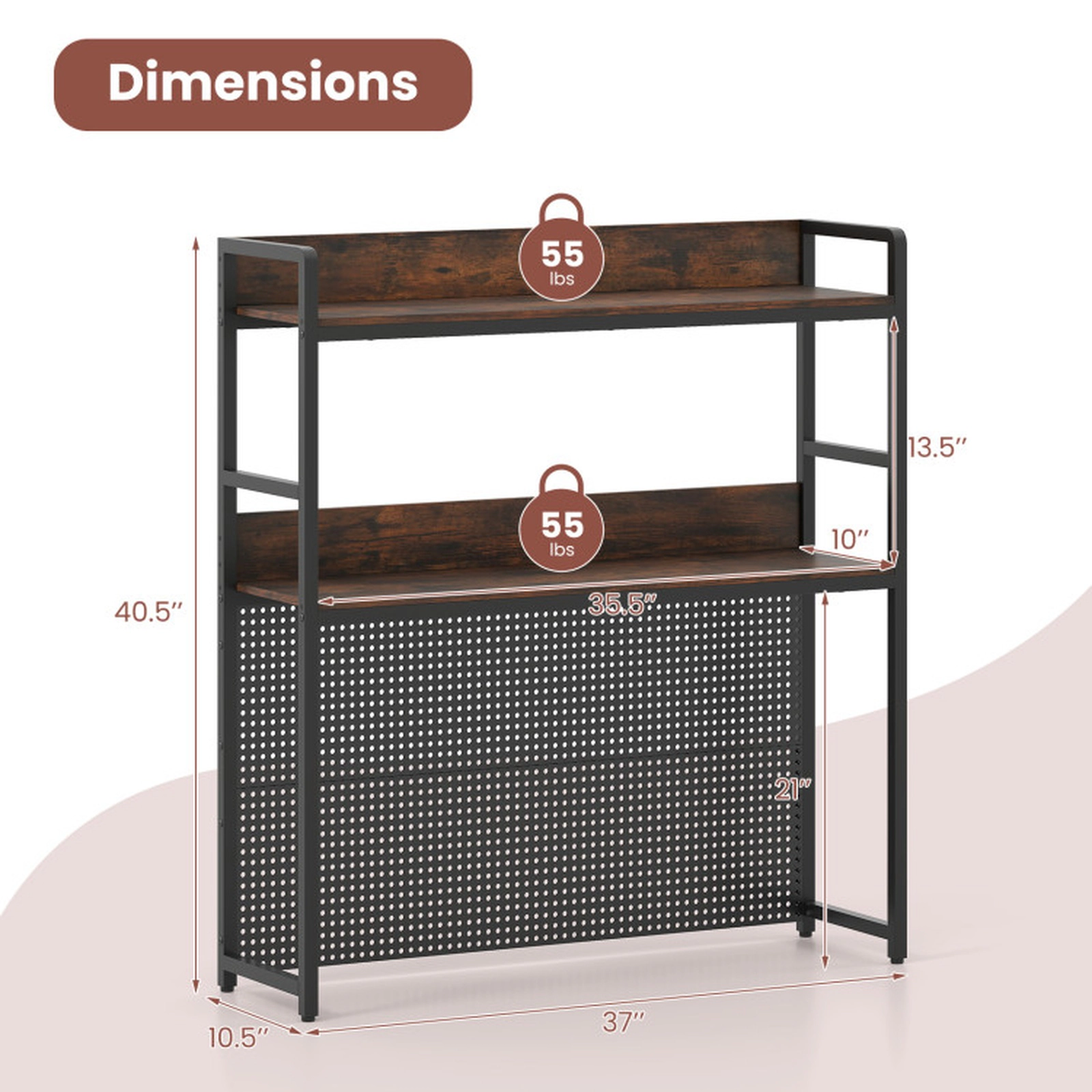 SUGIFT 2-Tier Desktop Bookshelf with Pegboard 55-lb Per Tier Capacity for up to 32-in Monitor Rustic Brown & Black