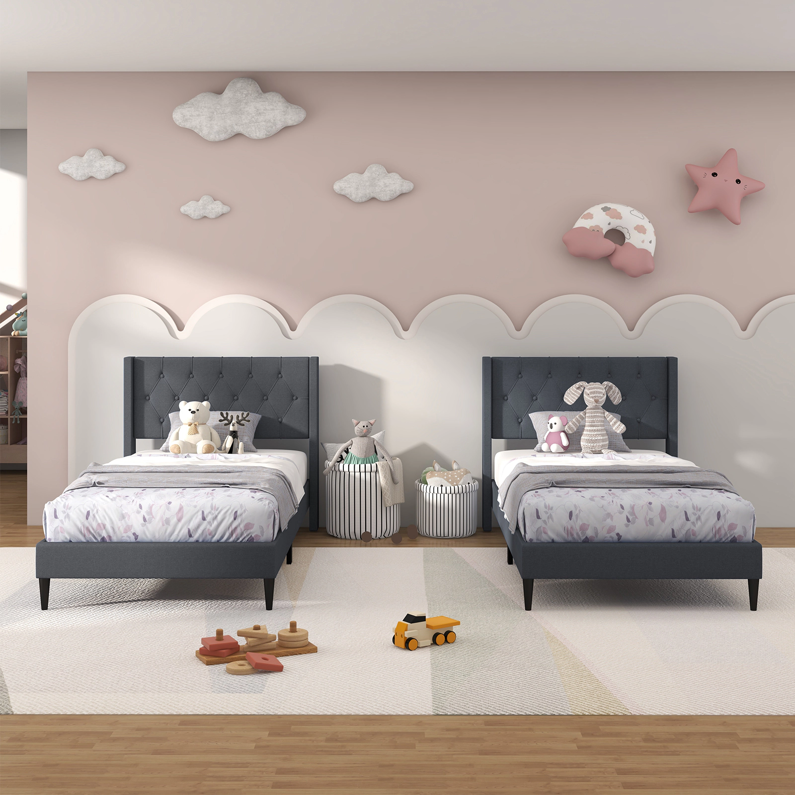 LJG Twin Size Upholstered Platform Bed with Button Tufted