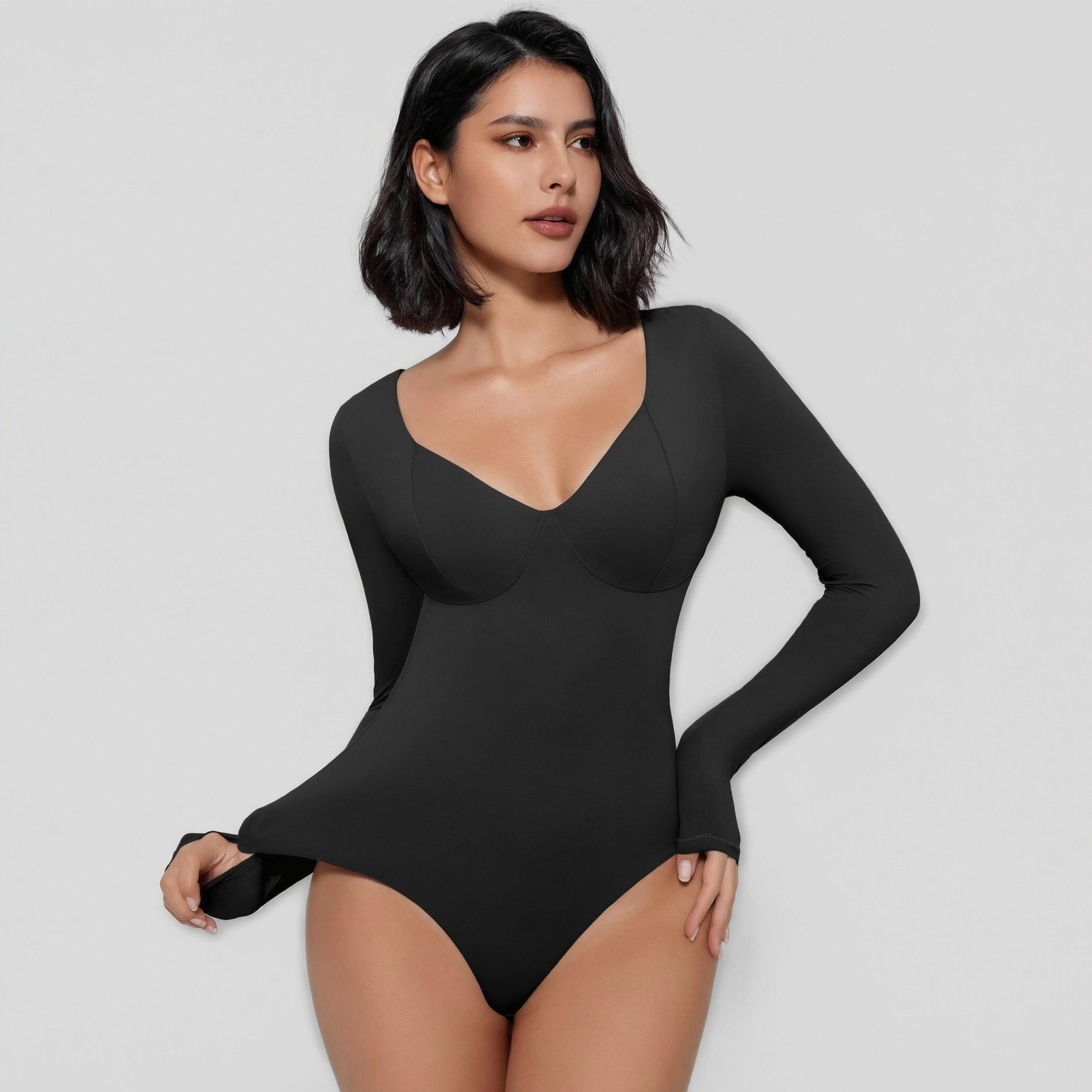 Avidlove Women's V Neck Seamed Cup Long Sleeve Double Lined Thong Bodysuit