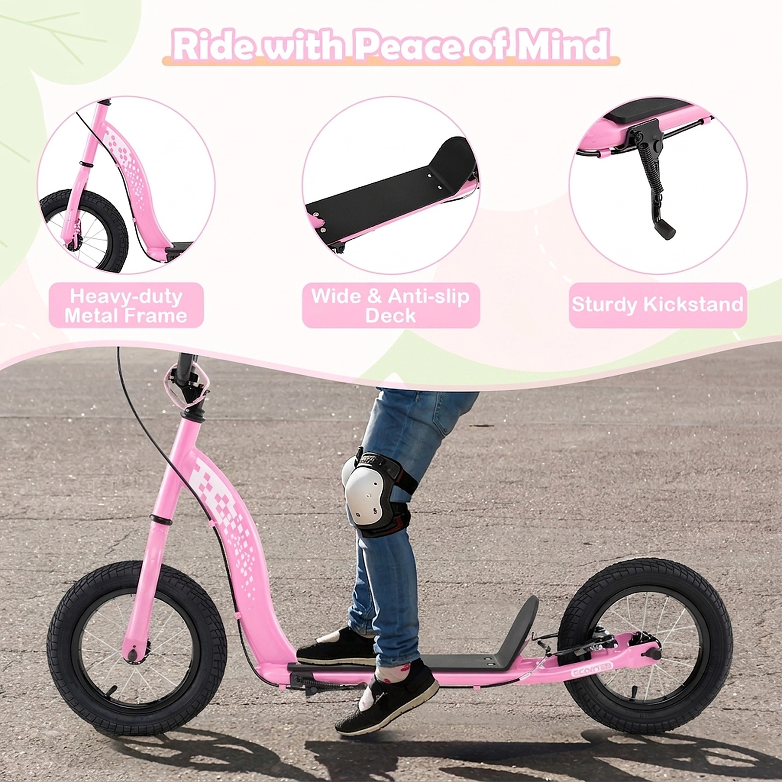SUGIFT Pink Kick Scooter, 12-Inch Inflatable Rubber Wheels, Adjustable Handlebar, 165 lb Capacity