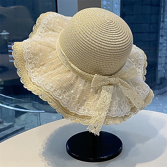 Anna-Kaci Women's Wide Brim Straw Sun Hat with Sheer Lace Overlay Bow Accent and Scalloped Edge