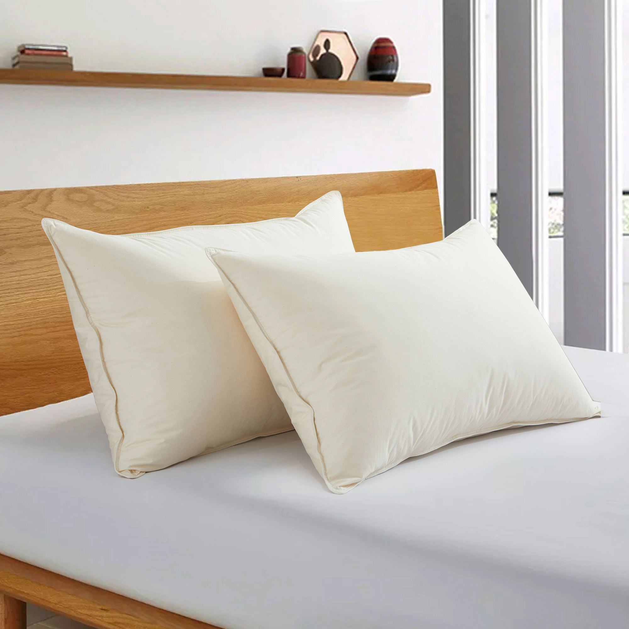 Unikome 300TC Organic Cotton White Down Feather Bed Pillow, pillow-in-a-pillow design, Set of 2 for Luxurious Comfort
