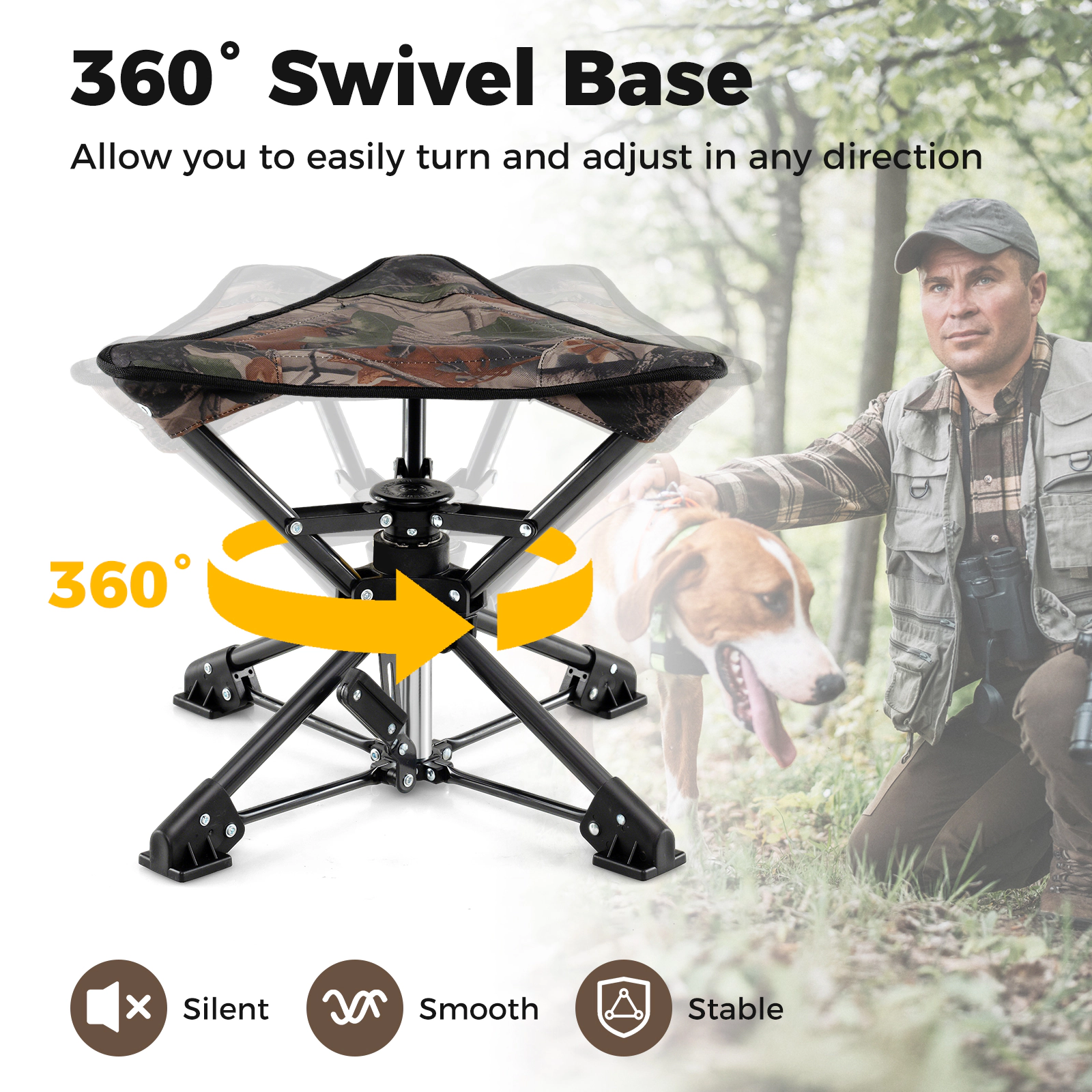 SUGIFT Camouflage 360-Degree Swivel Folding Camping Stool with Carry Bag 17-in W 14.5-in H 330-lb Seat Capacity