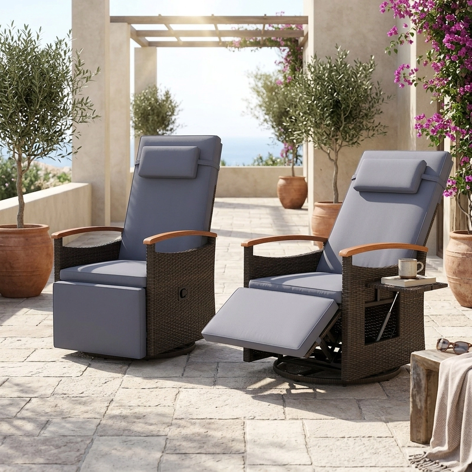 SUGIFT Set of 2 Outdoor Patio Swivel Recliner Chairs, 360° Rotation, 150° Recline, Mix Brown