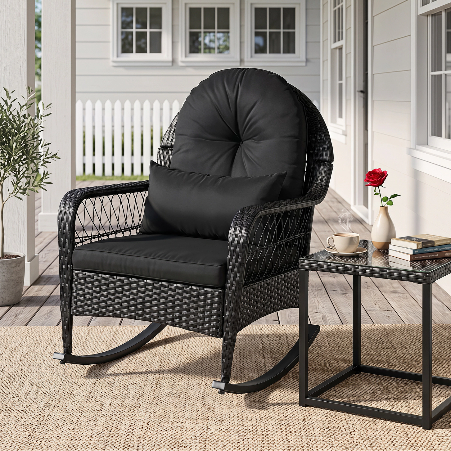 LJG Outdoor Wicker Rocking Chair with Anti-Tip Stoppers and Thick Cushions for Porch