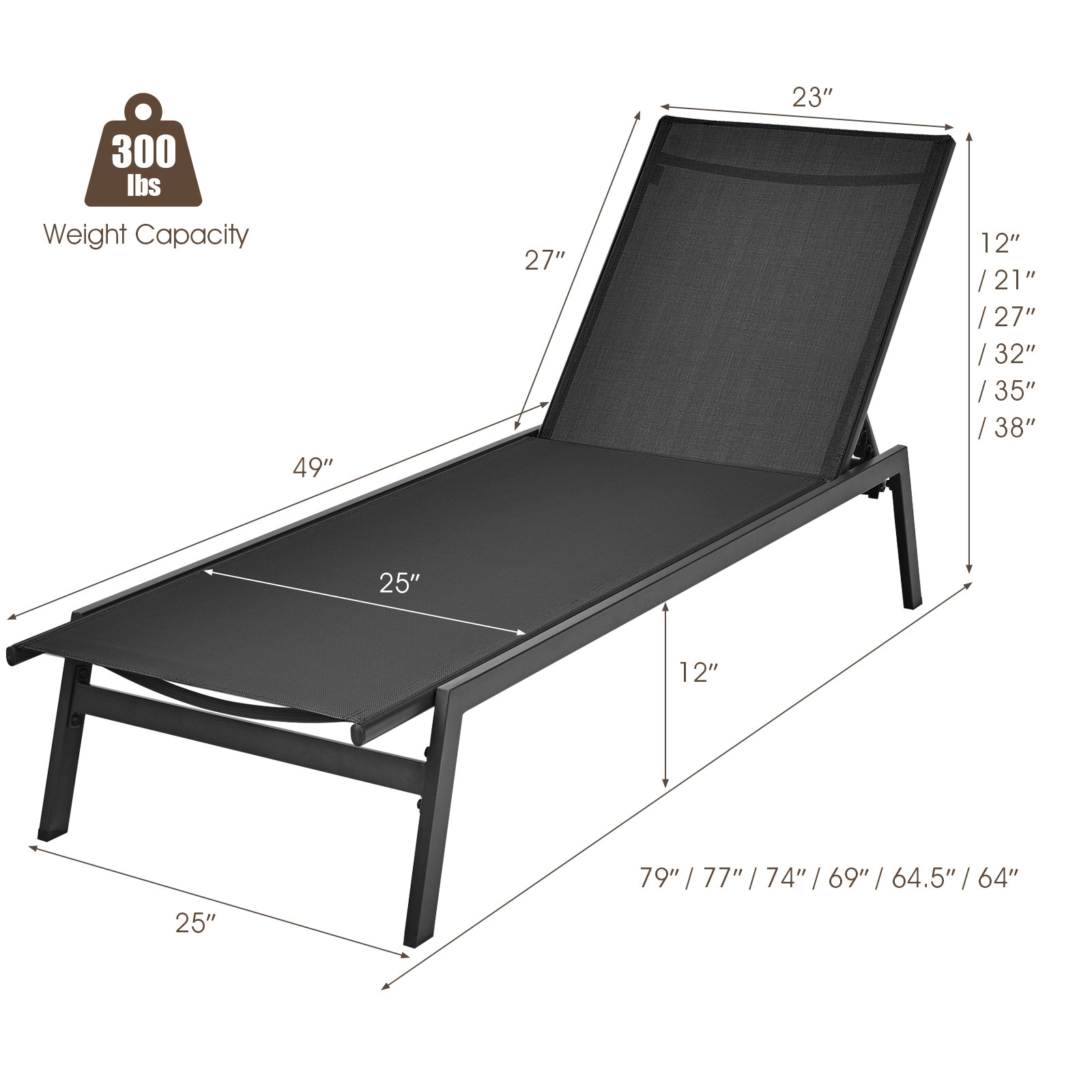 SUGIFT Black 6-Position Adjustable Back Powder-Coated Steel Outdoor Reclining Chaise Lounge Chair