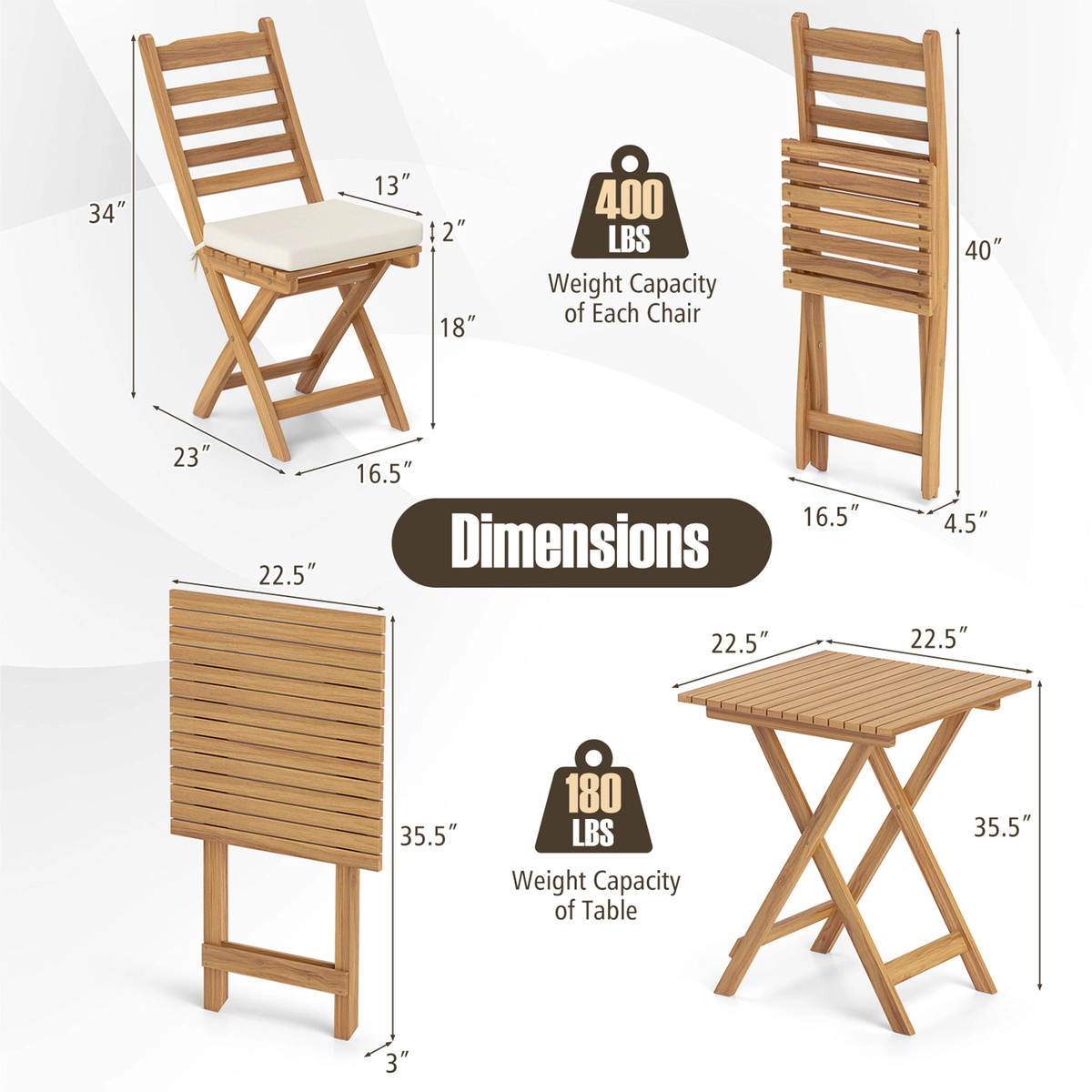 SUGIFT White Table and Seat Cushions 3-Piece Folding Acacia Wood Patio Bistro Set