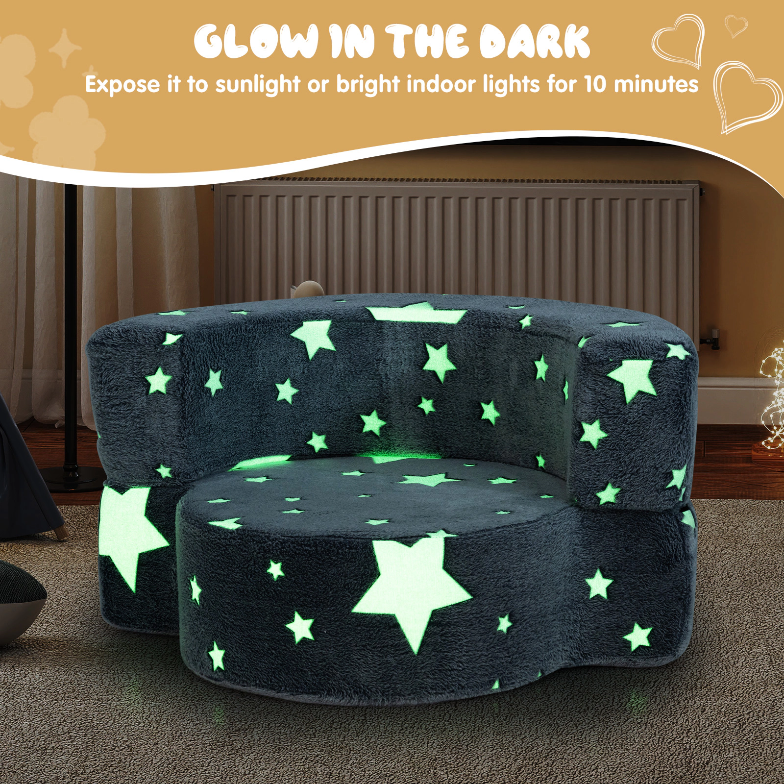 SUGIFT 2-in-1 Convertible Kids Sofa Gray Glow in the Dark with Washable Cover