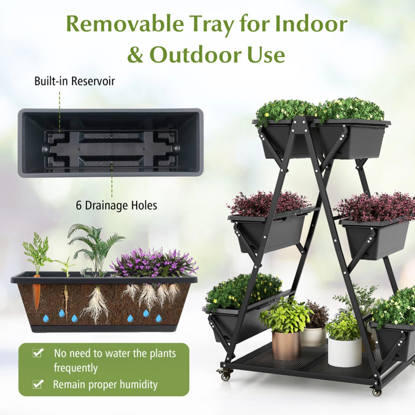 SUGIFT 3-Tier 22-lb Per-Box Vertical Raised Garden Bed with 6 Containers 4 Wheels and Steel Storage Shelf