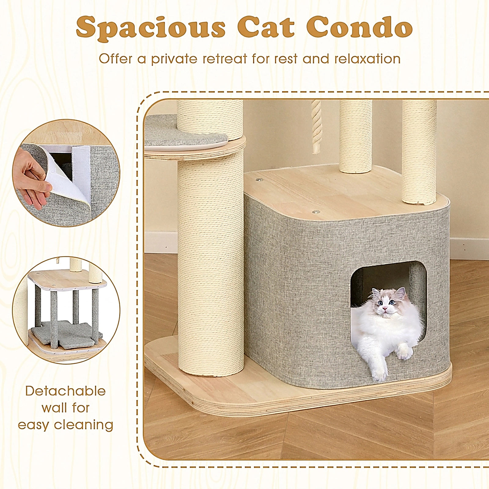 SUGIFT 63-in Tall Modern Wooden Cat Tree Tower with Condo Hammock Perches 33-lb Capacity Each Layer Natural+Gray